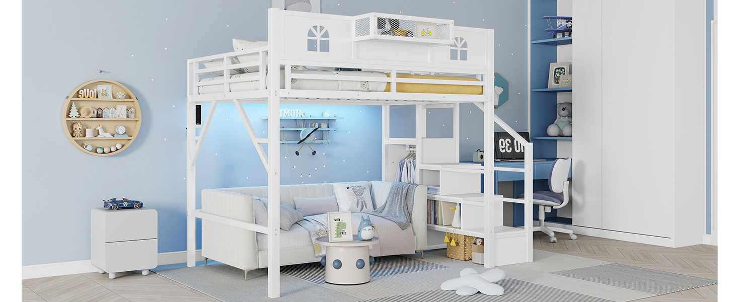 Metal Full Size Loft Bed with High and House Shaped Guardrails 19 Metal Full Size Loft Bed with High and House Shaped Guardrails