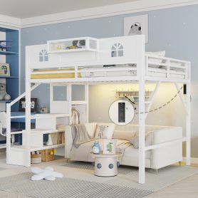 Metal Queen Loft Bed With High And House Shaped Guardrails, Stairs and Wardrobe