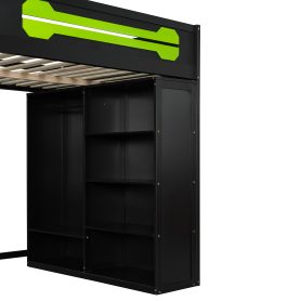 Full Size Wood Loft Bed with Desk, Open Wardrobe and RGB Light