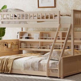 Twin XL over Queen Bunk Bed with Integrated Shelving, Color-Changing Lights and Pegboard