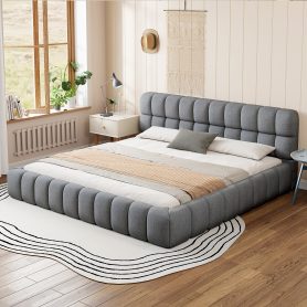 King Size Upholstered Platform Bed with Thick Fabric
