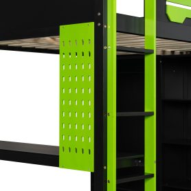 Full Size Wood Loft Bed with Desk, Open Wardrobe and RGB Light