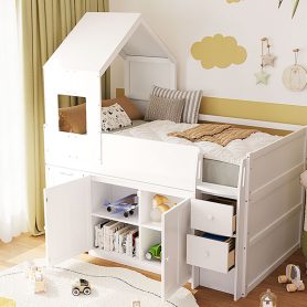 Twin Size Wooden Loft Bed With Desk, Drawers and Cabinets