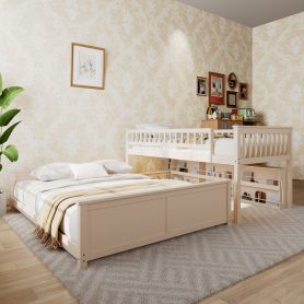 Twin XL over Queen Bunk Bed with Integrated Shelving, Color-Changing Lights and Pegboard