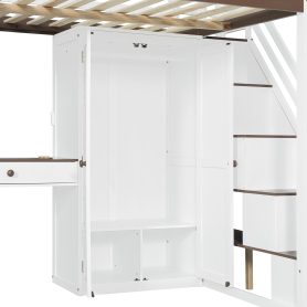 Full Size Loft Bed With Storage Staircase, Built-in Dressing Table, Wardrobe & Cabinets, USB Charging Ports And Lights