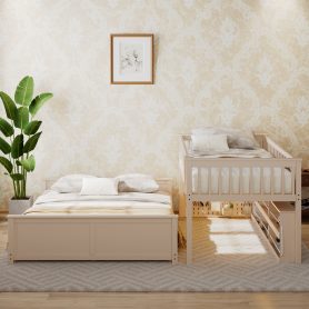 Twin XL over Queen Bunk Bed with Integrated Shelving, Color-Changing Lights and Pegboard