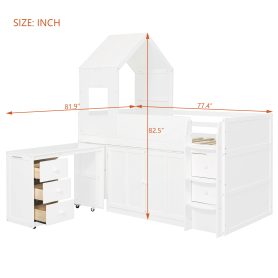 Twin Size Wooden Loft Bed With Desk, Drawers and Cabinets