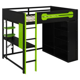 Full Size Wood Loft Bed with Desk, Open Wardrobe and RGB Light