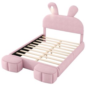 Full Size Platform Bed with Cartoon Ears Shaped Headboard and Light