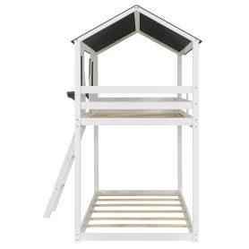 Wood Twin Over Twin Bunk Bed with Roof, Window, Guardrail, Ladder