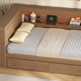 Full Size Wood Daybed with Storage Shelves, USB, LED, and 2 Drawers