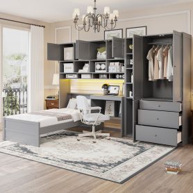 Alternative view of Wooden Twin Size Platform Bed With Desk, Wardrobe, Cabinets, Drawers, And Shelves