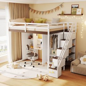 Full Size Loft Bed With Storage Staircase, Built-in Dressing Table, Wardrobe & Cabinets, USB Charging Ports And Lights