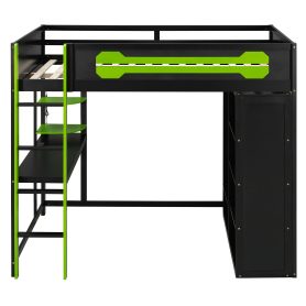 Full Size Wood Loft Bed with Desk, Open Wardrobe and RGB Light