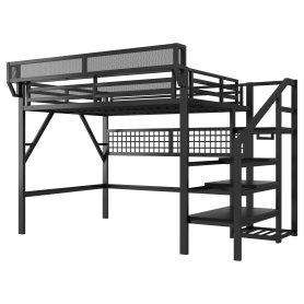 Metal Queen Size High Loft Bed With Stairs, Light And Storage