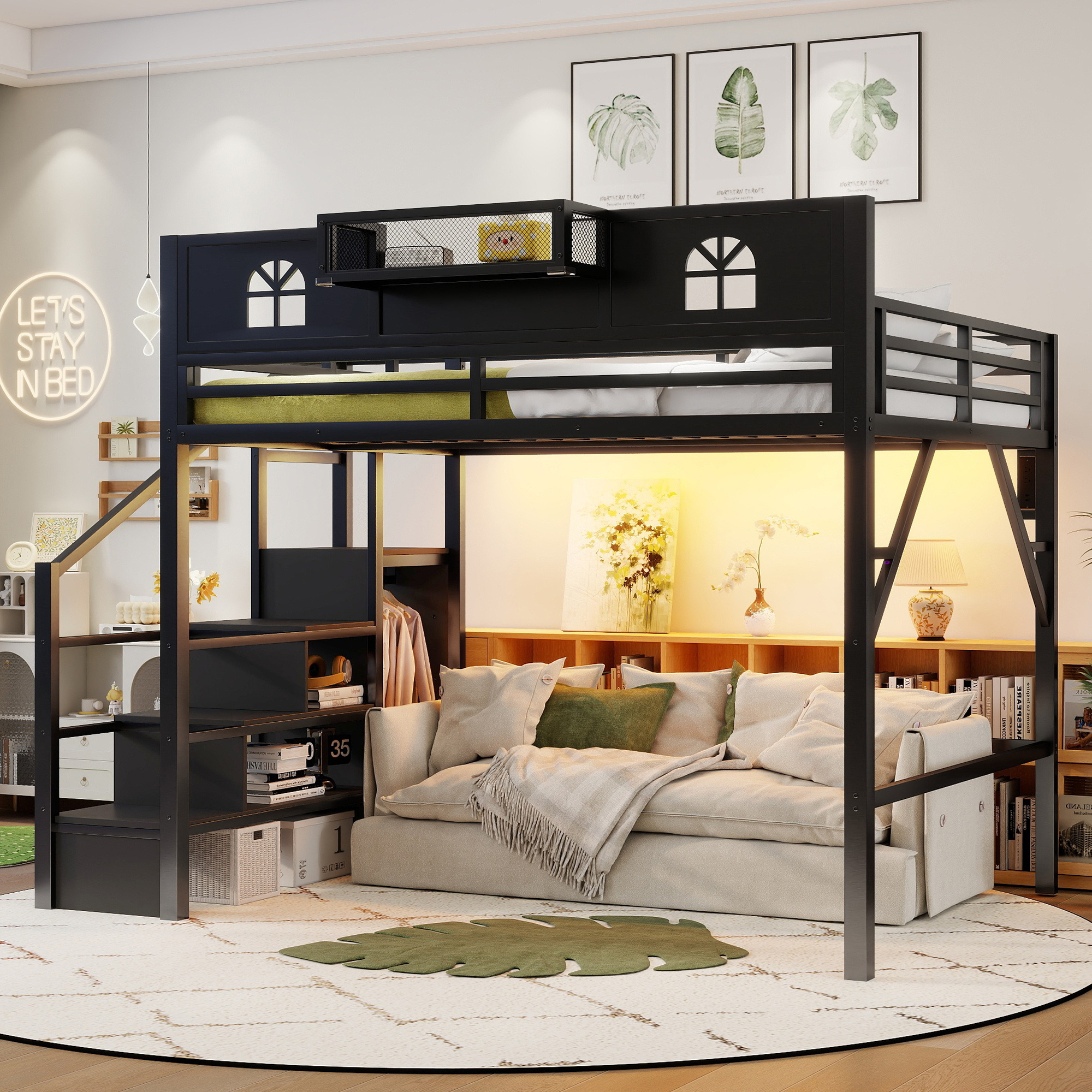 Metal Queen Size Loft Bed with High and House Shaped Guardrails 3 Metal Queen Size Loft Bed with High and House Shaped Guardrails