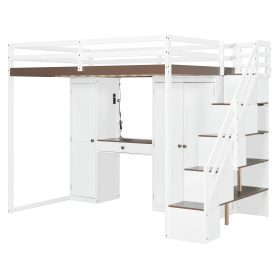 Full Size Loft Bed With Storage Staircase, Built-in Dressing Table, Wardrobe & Cabinets, USB Charging Ports And Lights