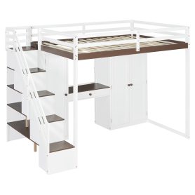 Full Size Loft Bed With Storage Staircase, Built-in Dressing Table, Wardrobe & Cabinets, USB Charging Ports And Lights