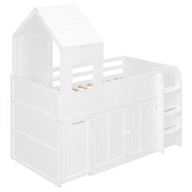 Twin Size Wooden Loft Bed With Desk, Drawers and Cabinets