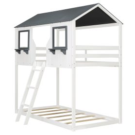 Wood Twin Over Twin Bunk Bed with Roof, Window, Guardrail, Ladder
