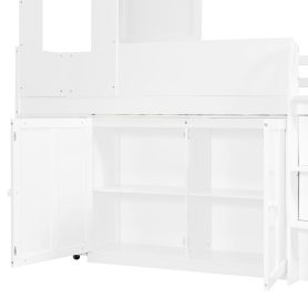 Twin Size Wooden Loft Bed With Desk, Drawers and Cabinets