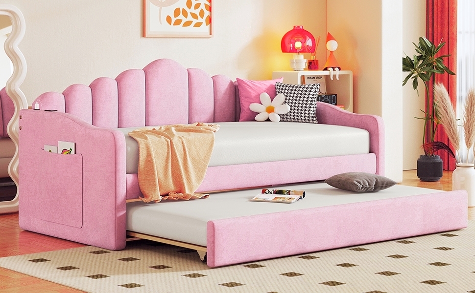 Twin Size Upholstered Daybed with Trundle ,Velvet Sofabed with USB Charging Ports 3 Twin Size Upholstered Daybed with Trundle ,Velvet Sofabed with USB Charging Ports