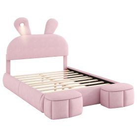 Full Size Platform Bed with Cartoon Ears Shaped Headboard and Light