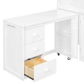 Twin Size Wooden Loft Bed With Desk, Drawers and Cabinets