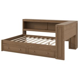 Full Size Wood Daybed with Storage Shelves, USB, LED, and 2 Drawers