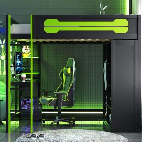 Full Size Wood Loft Bed with Desk, Open Wardrobe and RGB Light