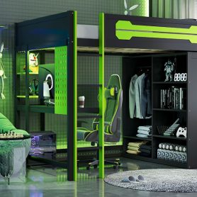 Full Size Wood Loft Bed with Desk, Open Wardrobe and RGB Light