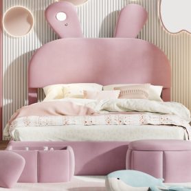 Full Size Platform Bed with Cartoon Ears Shaped Headboard and Light