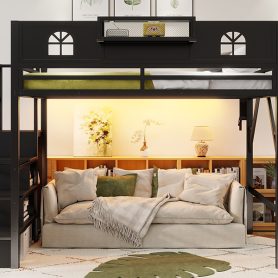 Metal Queen Size Loft Bed with High and House Shaped Guardrails 37 Metal Queen Size Loft Bed with High and House Shaped Guardrails