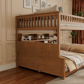 Full XL over Queen Bunk Bed with Integrated Shelving, Color-Changing Lights and Pegboard