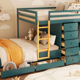 Full Size Bunk Bed With 2 Large Drawers, 5 Small Drawers and Small Wardrobe