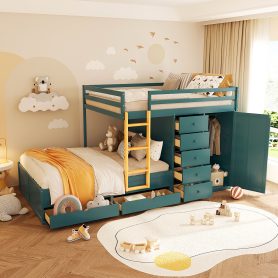 Full Size Bunk Bed With 2 Large Drawers, 5 Small Drawers and Small Wardrobe