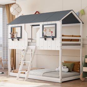 Wood Twin Over Twin Bunk Bed with Roof, Window, Guardrail, Ladder
