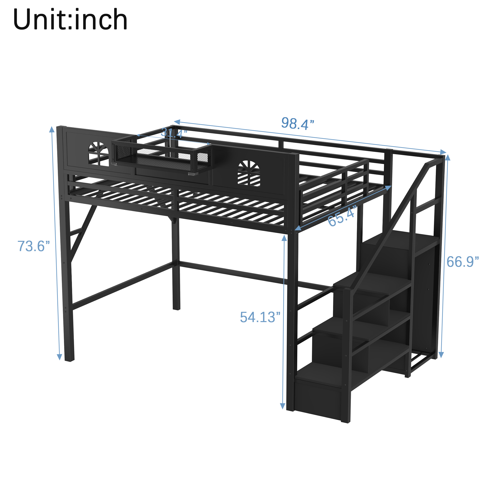 Metal Queen Size Loft Bed with High and House Shaped Guardrails 17 Metal Queen Size Loft Bed with High and House Shaped Guardrails