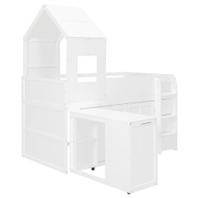 Twin Size Wooden Loft Bed With Desk, Drawers and Cabinets