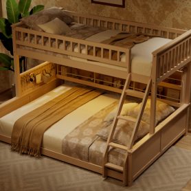 Twin XL over Queen Bunk Bed with Integrated Shelving, Color-Changing Lights and Pegboard