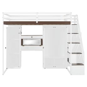 Full Size Loft Bed With Storage Staircase, Built-in Dressing Table, Wardrobe & Cabinets, USB Charging Ports And Lights