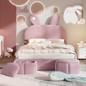 Full Size Platform Bed with Cartoon Ears Shaped Headboard and Light