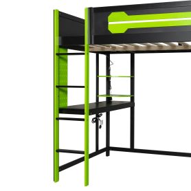 Full Size Wood Loft Bed with Desk, Open Wardrobe and RGB Light