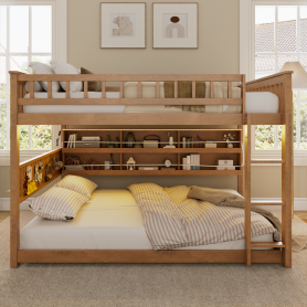 Full Over Full Bunk Bed With Integrated Shelving, Color-changing Lights And Pegboard