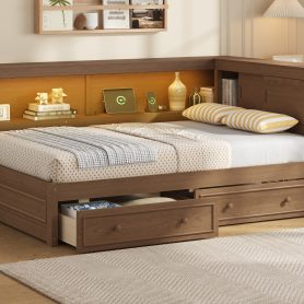 Full Size Wood Daybed with Storage Shelves, USB, LED, and 2 Drawers