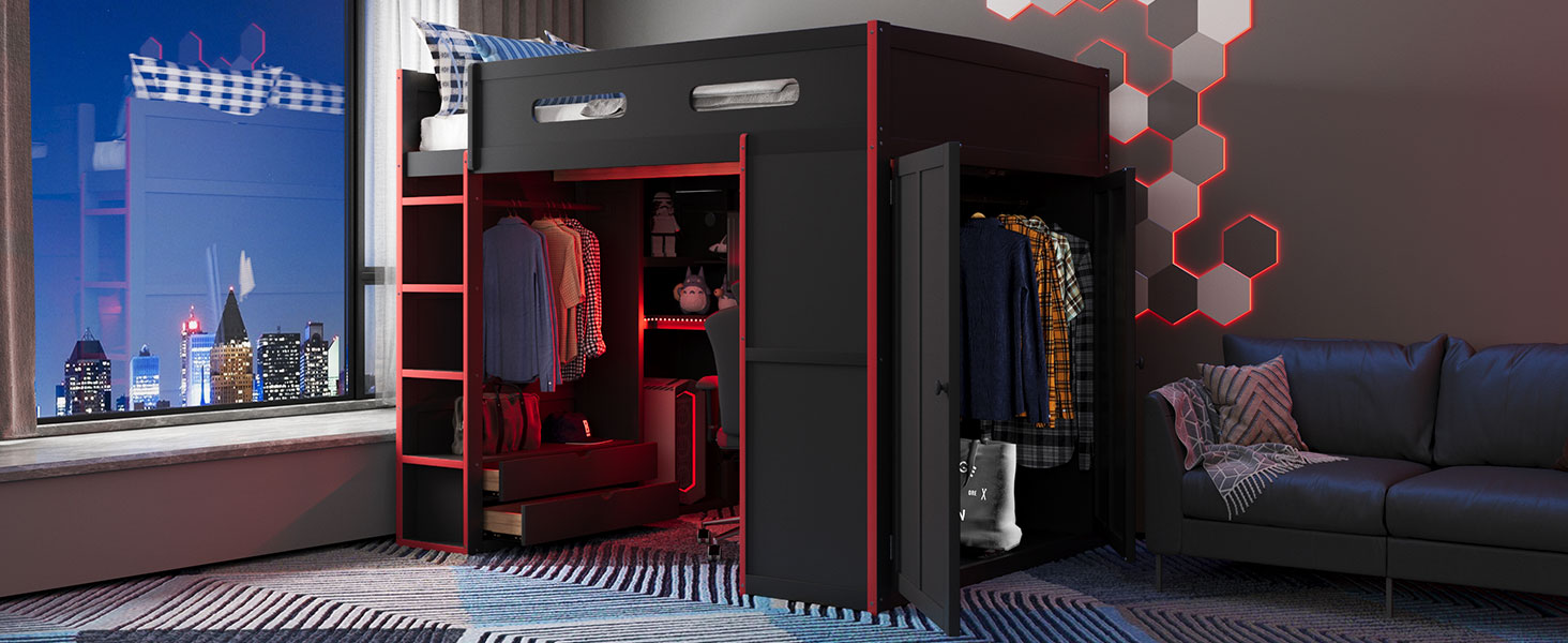 Full Size Wood Loft Bed with Desk,Wardrobe,Ample Storage Space,and RGB Light 23 Full Size Wood Loft Bed with Desk,Wardrobe,Ample Storage Space,and RGB Light