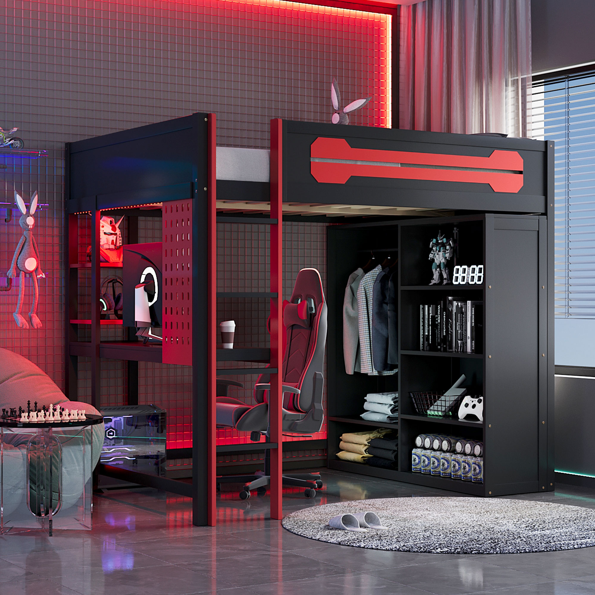 Full Size Wood Loft Bed with Desk, Open Wardrobe and RGB Light