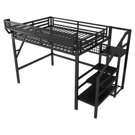 Metal Queen Size High Loft Bed With Stairs, Light And Storage