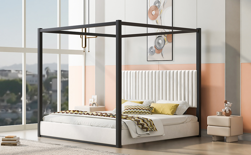King Size Upholstery Canopy Platform Bed with Headboard and Metal Frame 8 King Size Upholstery Canopy Platform Bed with Headboard and Metal Frame