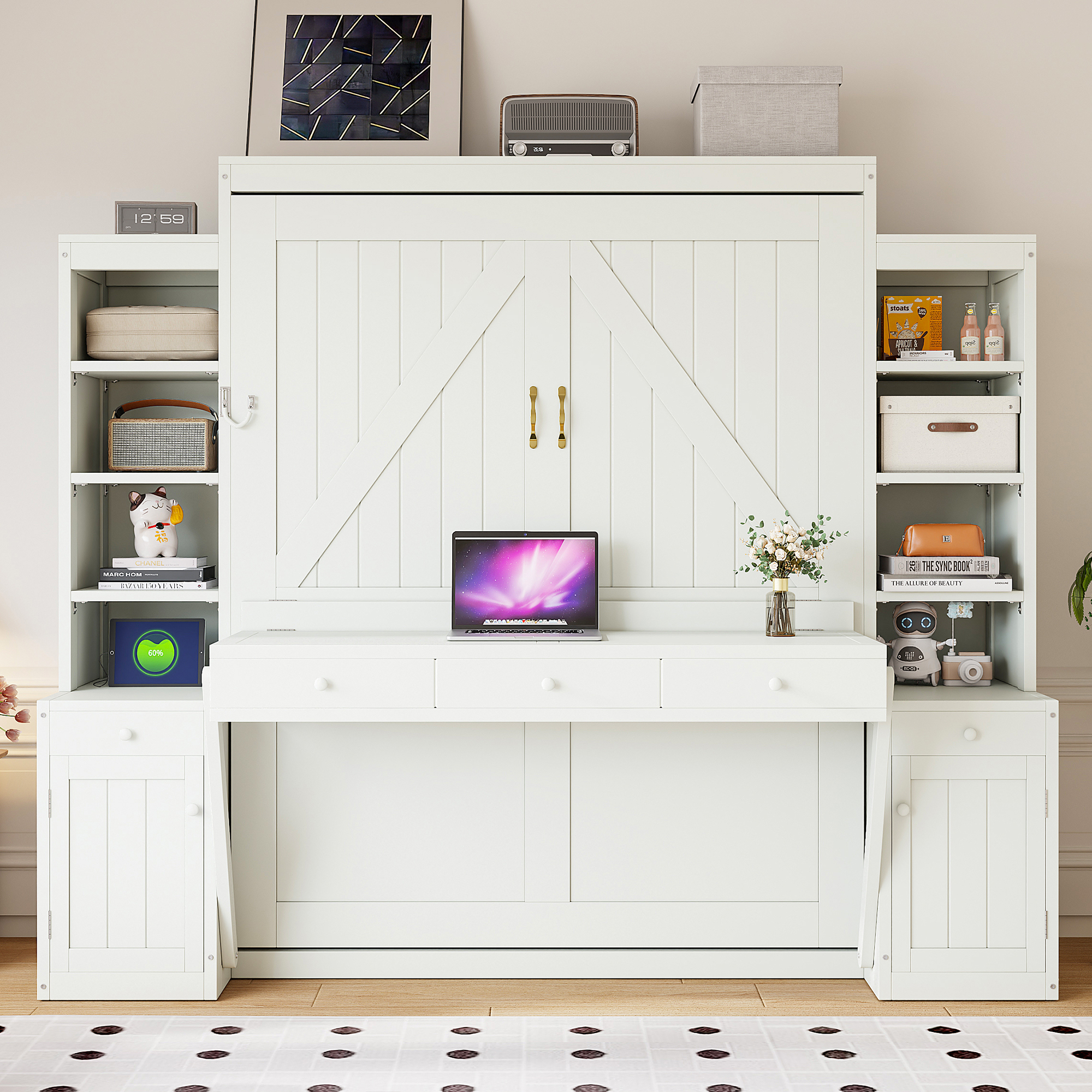Queen Size Murphy Bed with Desk, Storage and Cabinets